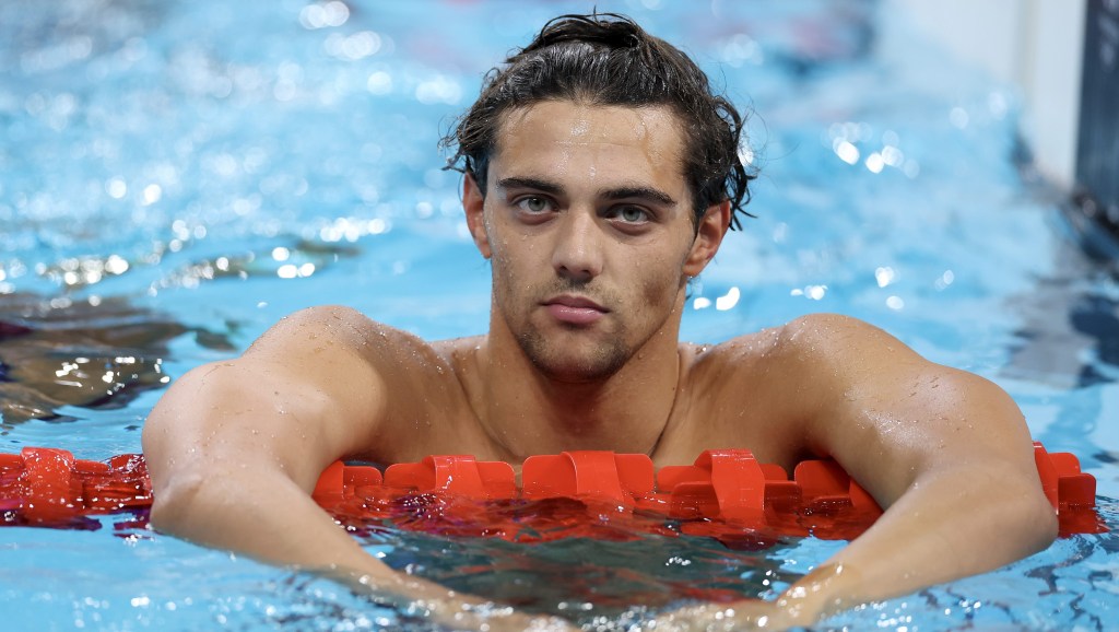 NANTERRE, FRANCE - JULY 31: Thomas Ceccon of Team Italy reacts after competing in the Men's 200m Backstroke Semifinals on day five of the Olympic Games Paris 2024 at Paris La Defense Arena on July 31, 2024 in Nanterre, France. (Photo by Maddie Meyer/Getty Images)