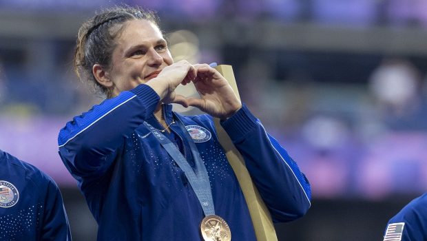 PARIS, FRANCE - JULY 30: Ilona Maher #2 of Team United States celebrates during the Women's rugby 7 medal ceremony on day four of the Paris 2024 Olympic Games at Stade de France on July 30, 2024 in Paris, France. (Photo by Alex Ho/ISI Photos/Getty Images)