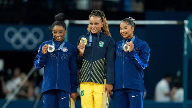 Simone Biles, Rebeca Andrade and Jordan Chiles during the medal ceremony after the Women's Floor Exercise Final at the Paris Olympics