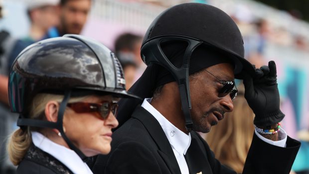 VERSAILLES, FRANCE - AUGUST 03: Martha Stewart and Snoop Dogg attend the Dressage Team Grand Prix Special on day eight of the Olympic Games Paris 2024 at Chateau de Versailles on August 03, 2024 in Versailles, France. (Photo by Mike Hewitt/Getty Images)