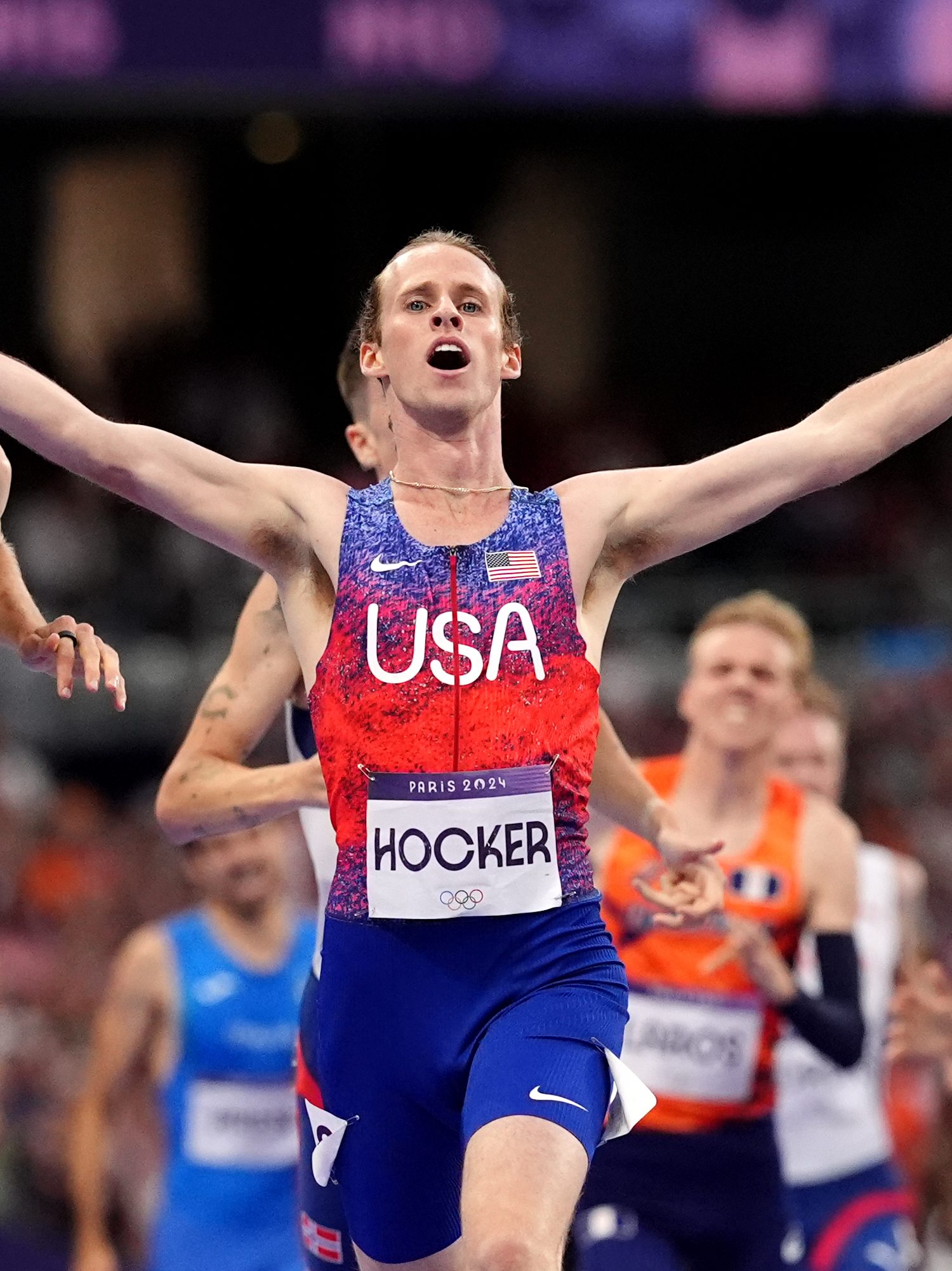 USA's Cole Hocker celebrates winning the Men's 1500m Final ahead of Great Britain's Josh Kerr at the Stade de France on the eleventh day of the 2024 Paris Olympic Games in France. Picture date: Tuesday August 6, 2024. (Photo by Martin Rickett/PA Images via Getty Images)