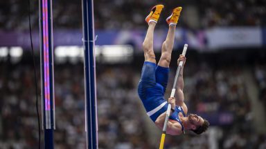 PARIS, FRANCE - AUGUST 3: Anthony Ammirati of Team France competes during the Men's Pole Vault Qualification on day eight of the Olympic Games Paris 2024 at Stade de France on August 3, 2024 in Paris, France. (Photo by Kevin Voigt/GettyImages)