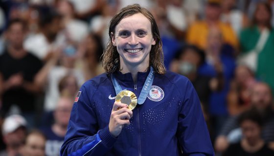NANTERRE, FRANCE - AUGUST 03: Gold Medalist Katie Ledecky of Team United States poses on the podium during the Swimming medal ceremony after the Women's 800m Freestyle Final on day eight of the Olympic Games Paris 2024 at Paris La Defense Arena on August 03, 2024 in Nanterre, France. (Photo by Quinn Rooney/Getty Images)