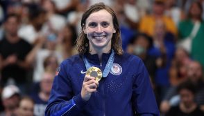 NANTERRE, FRANCE - AUGUST 03: Gold Medalist Katie Ledecky of Team United States poses on the podium during the Swimming medal ceremony after the Women's 800m Freestyle Final on day eight of the Olympic Games Paris 2024 at Paris La Defense Arena on August 03, 2024 in Nanterre, France. (Photo by Quinn Rooney/Getty Images)