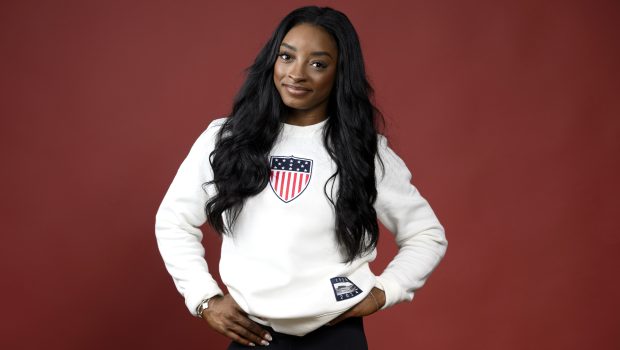 PARIS, FRANCE - AUGUST 06: (BROADCAST-OUT) Olympian Simone Biles of Team United States poses on the Today Show Set on August 06, 2024 in Paris, France. (Photo by Kristy Sparow/Getty Images)