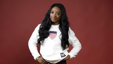 Simone Biles of Team United States poses on the Today Show Set on August 06, 2024 in Paris, France. (Photo by Kristy Sparow/Getty Images)