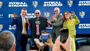 MIAMI, FLORIDA - AUGUST 06: Scott Carr, Pitbull, Kenneth Jessell, and Lucy Benedetti pose during the FIU Pitbull Stadium announcement at Tamiami Hall at Florida International University on August 06, 2024 in Miami, Florida. (Photo by Ivan Apfel/Getty Images)