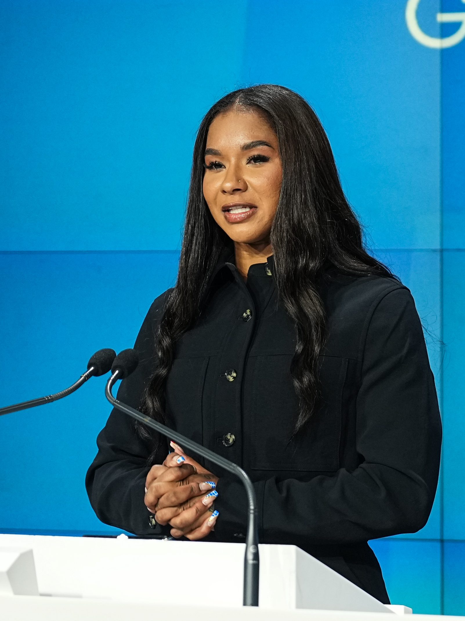 NEW YORK, NEW YORK - AUGUST 08: Jordan Chiles rings the Nasdaq closing bell at the Nasdaq MarketSite on August 08, 2024 in New York City. (Photo by John Nacion/Getty Images)