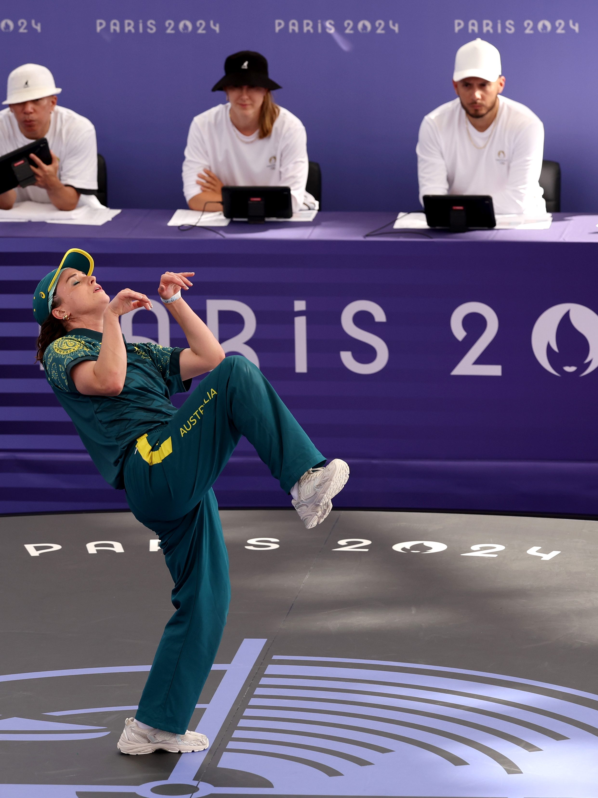 PARIS, FRANCE - AUGUST 09: B-Girl Raygun of Team Australia 
competes during the B-Girls Round Robin - Group B on day fourteen of the Olympic Games Paris 2024 at Place de la Concorde on August 09, 2024 in Paris, France. (Photo by Ezra Shaw/Getty Images)