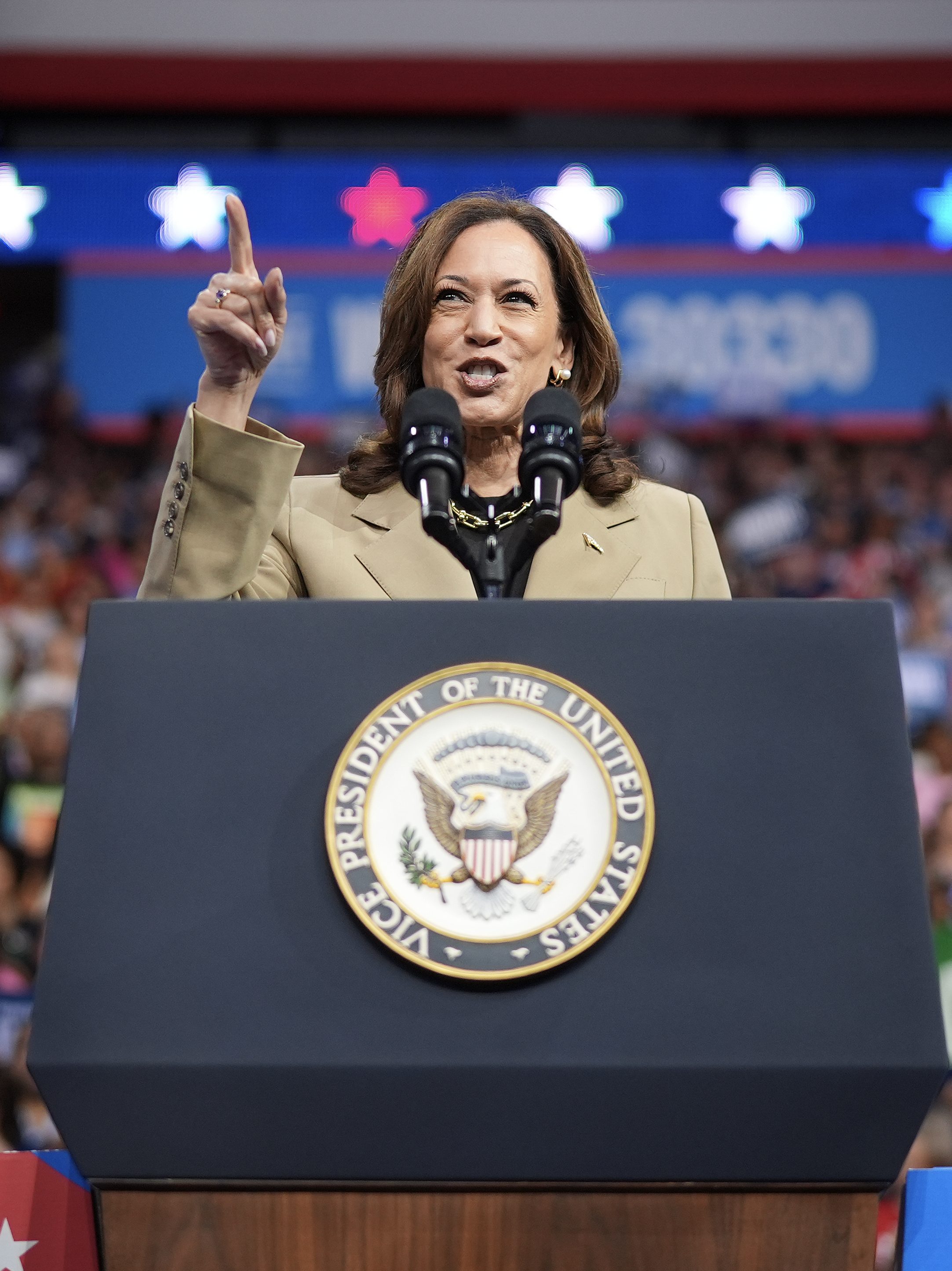 Kamala Harris speaks at a campaign rally at Desert Diamond Arena