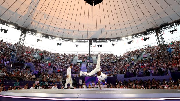 PARIS, FRANCE - AUGUST 10: B-Boy Dany Dann of Team France competes with B-Boy Victor of Team United States in the Breaking B-Boys Semifinal One on day fifteen of the Olympic Games Paris 2024 at Place de la Concorde on August 10, 2024 in Paris, France. (Photo by Elsa/Getty Images)