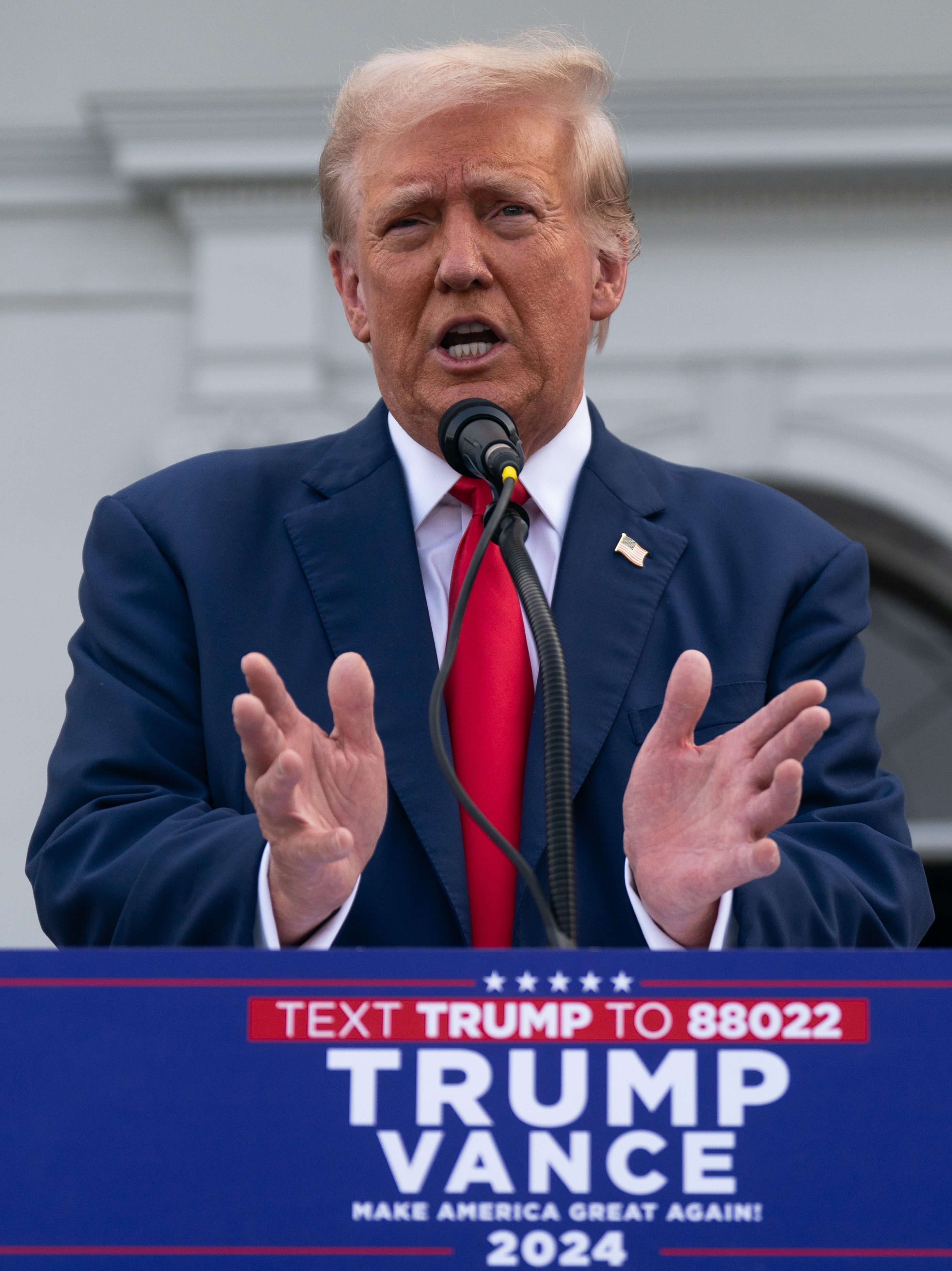 BEDMINSTER, NEW JERSEY - AUGUST 15: Republican presidential candidate, former U.S. President Donald Trump holds a news conference outside the Trump National Golf Club Bedminster on August 15, 2024 in Bedminster, New Jersey. Trump's campaign leaders announced they were expanding his staff as the reelection campaign heads into its final few months. (Photo by Adam Gray/Getty Images)