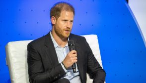 BOGOTA, COLOMBIA - AUGUST 15: Prince Harry, Duke of Sussex speaks onstage during a forum about digital responsibility at EAN University during a visit around Colombia on August 15, 2024 in Bogota, Colombia. (Photo by Diego Cuevas/Getty Images)