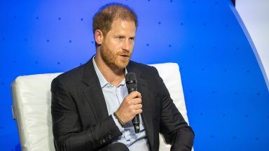 BOGOTA, COLOMBIA - AUGUST 15: Prince Harry, Duke of Sussex speaks onstage during a forum about digital responsibility at EAN University during a visit around Colombia on August 15, 2024 in Bogota, Colombia. (Photo by Diego Cuevas/Getty Images)