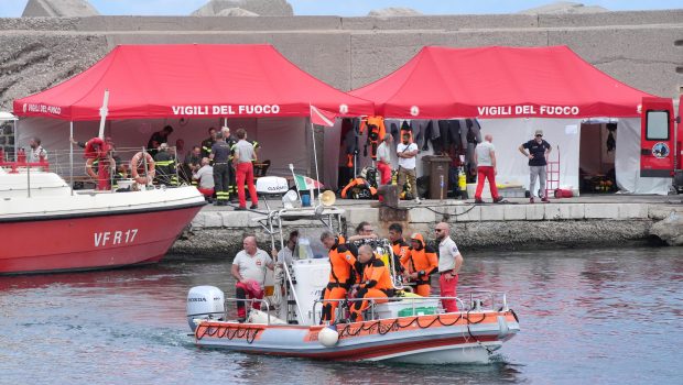 The fire service dive team leaves port heading for the dive site for the Bayesian off the coast of Porticello, Sicily, on the third day of the search for six tourists missing after the luxury yacht Bayesian sank in a storm on Monday whilst moored around half a mile off the coast. The Italian Coastguard has not ruled out the possibility that those missing may still be alive, with experts speculating air pockets could have formed as the yacht sank. Picture date: Wednesday August 21, 2024. (Photo by Jonathan Brady/PA Images via Getty Images)