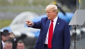 Former US President and Republican presidential candidate Donald Trump points after speaking about national security during a campaign rally at the North Carolina Aviation Museum & Hall of Fame in Asheboro, North Carolina, August 21, 2024. (Photo by Peter Zay / AFP) (Photo by PETER ZAY/AFP via Getty Images)