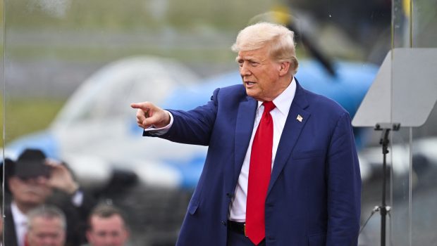 Former US President and Republican presidential candidate Donald Trump points after speaking about national security during a campaign rally at the North Carolina Aviation Museum & Hall of Fame in Asheboro, North Carolina, August 21, 2024. (Photo by Peter Zay / AFP) (Photo by PETER ZAY/AFP via Getty Images)