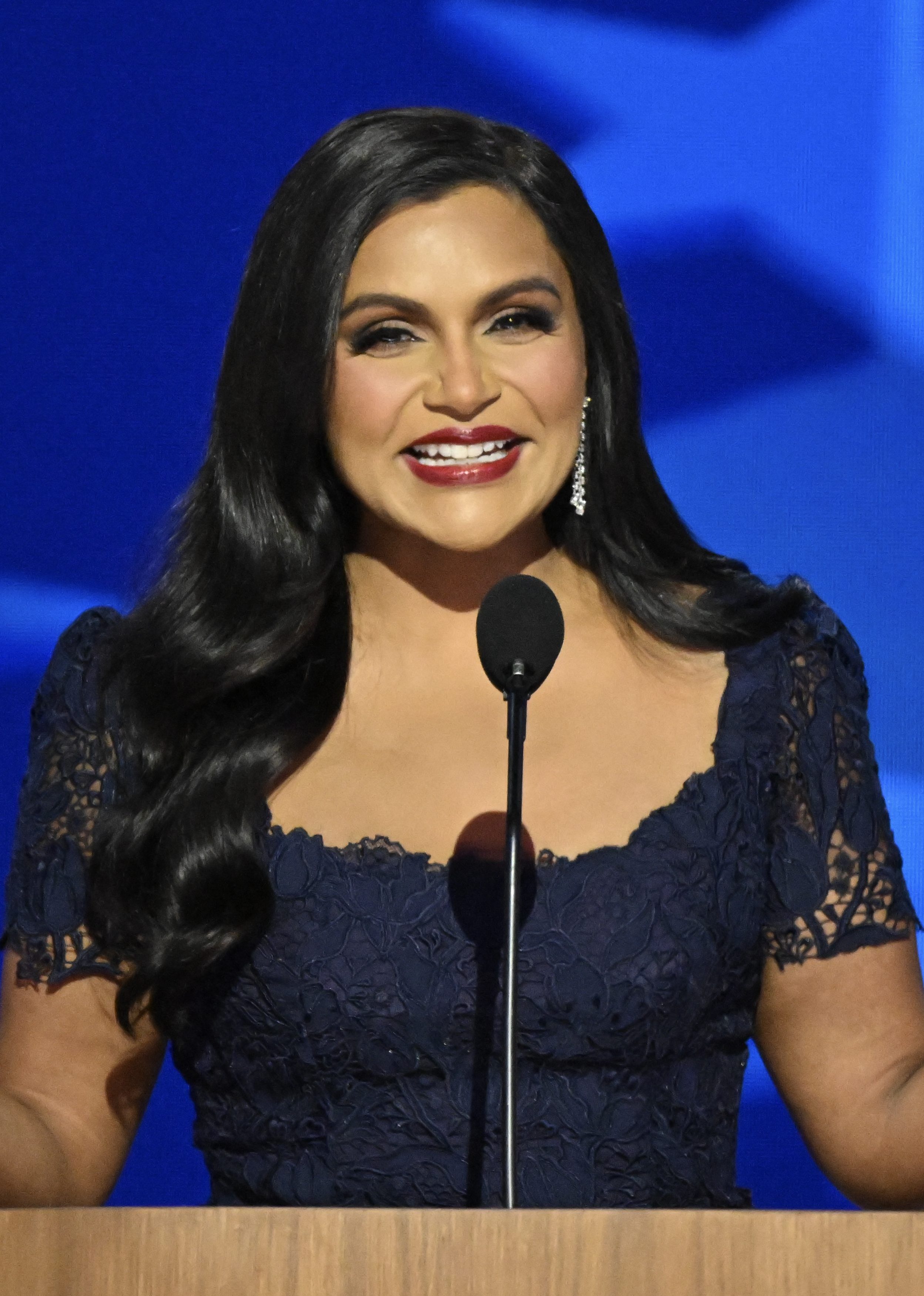 Mindy Kaling speaks on the third day of the Democratic National Convention