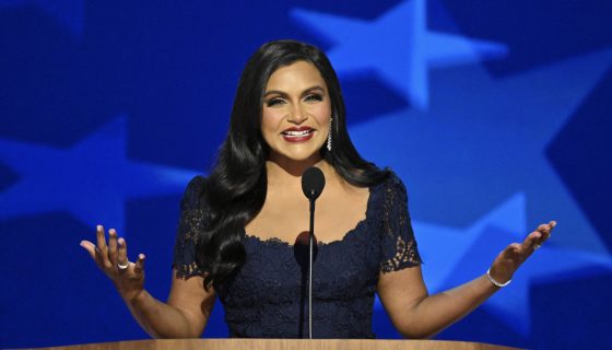 Mindy Kaling speaks on the third day of the Democratic National Convention (DNC) at the United Center in Chicago, Illinois, on August 21, 2024. Vice President Kamala Harris will formally accept the party's nomination for president at the DNC which runs from August 19-22 in Chicago. (Photo by Mandel NGAN / AFP) (Photo by MANDEL NGAN/AFP via Getty Images)