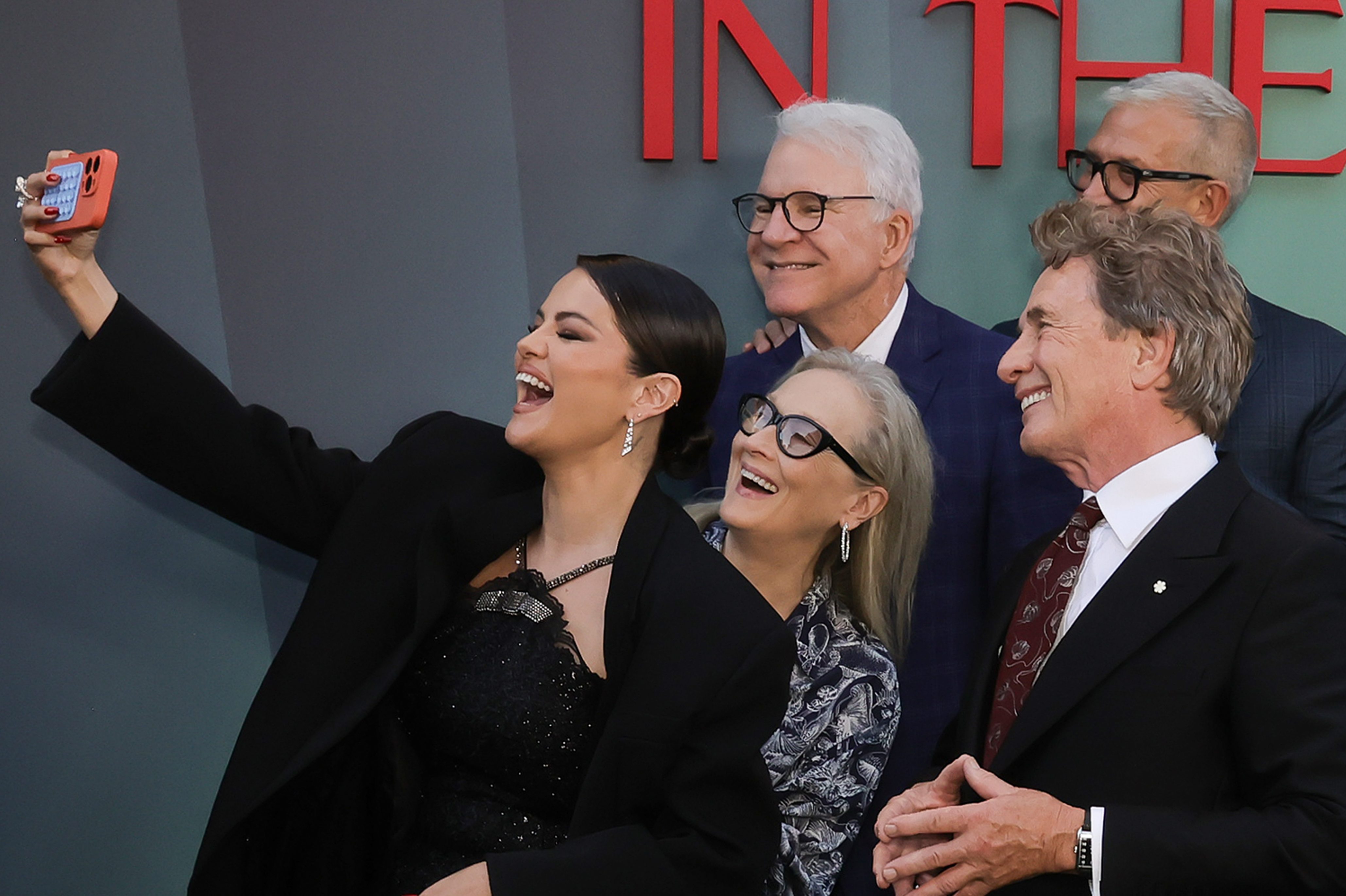 Selena Gomez, Meryl Streep, Steve Martin, Martin Short and John Hoffman take a selfie at the season 4 premiere of Only Murders in the Building