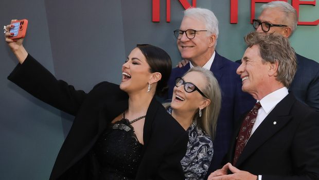 Selena Gomez, Meryl Streep, Steve Martin, Martin Short and John Hoffman take a selfie at the season 4 premiere of Only Murders in the Building