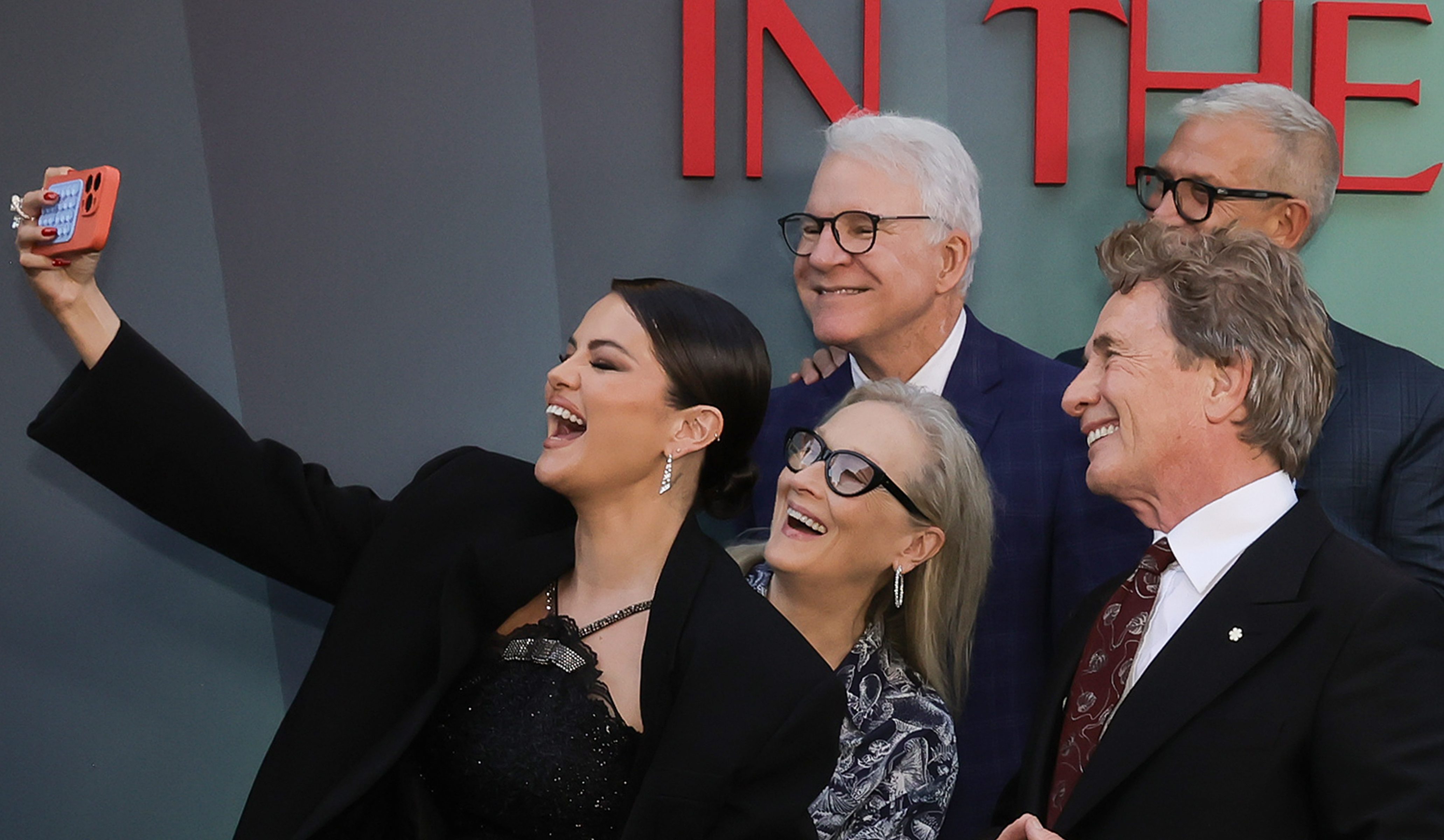 Selena Gomez, Meryl Streep, Steve Martin, Martin Short and John Hoffman take a selfie at the season 4 premiere of Only Murders in the Building