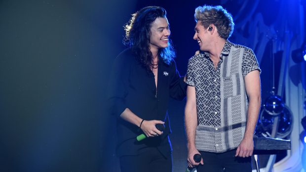 LOS ANGELES, CA - DECEMBER 04:  Recording artists Harry Styles (L) and Niall Horan of One Direction perform onstage during 102.7 KIIS FMs Jingle Ball 2015 Presented by Capital One at STAPLES CENTER on December 4, 2015 in Los Angeles, California.  (Photo by Kevin Winter/Getty Images for iHeartMedia)