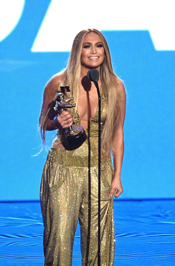 NEW YORK, NY - AUGUST 20: Jennifer Lopez accepts the Michael Jackson Video Vanguard Award onstage during the 2018 MTV Video Music Awards at Radio City Music Hall on August 20, 2018 in New York City. (Photo by Noam Galai/WireImage)