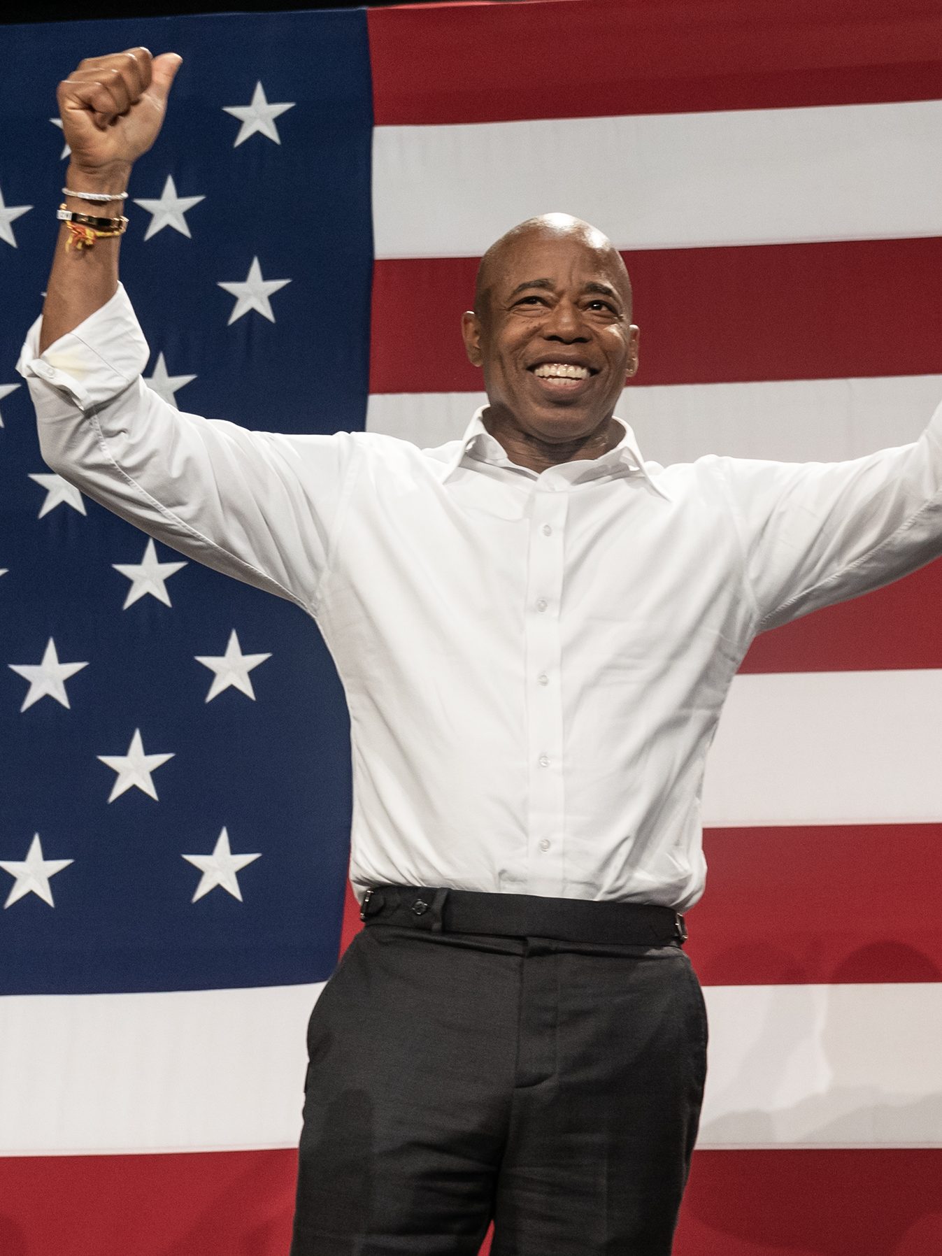 NEW YORK, USA - NOVEMBER 05:  Mayor Eric Adams and Kathy Hochul on stage during election campaign rally for Governor Kathy Hochul organized by New York State Democratic Committee at BKLYN Studios in New York on November 5, 2022. Rally featured Attorney General Letitia James, State Comptroller Tom DiNapoli, Senate Majority Leader Chuck Schumer, Representative Hakeem Jeffries, New York City Mayor Eric Adams and actress Rosie Perez. (Photo by Lev Radin/Anadolu Agency via Getty Images)
