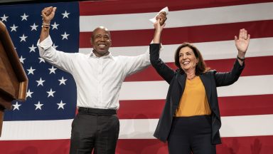   Mayor Eric Adams and Kathy Hochul on stage during election campaign rally for Governor Kathy Hochul organized by New York State Democratic Committee at BKLYN Studios in New York on November 5, 2022. Rally featured Attorney General Letitia James, State Comptroller Tom DiNapoli, Senate Majority Leader Chuck Schumer, Representative Hakeem Jeffries, New York City Mayor Eric Adams and actress Rosie Perez. (Photo by Lev Radin/Anadolu Agency via Getty Images)