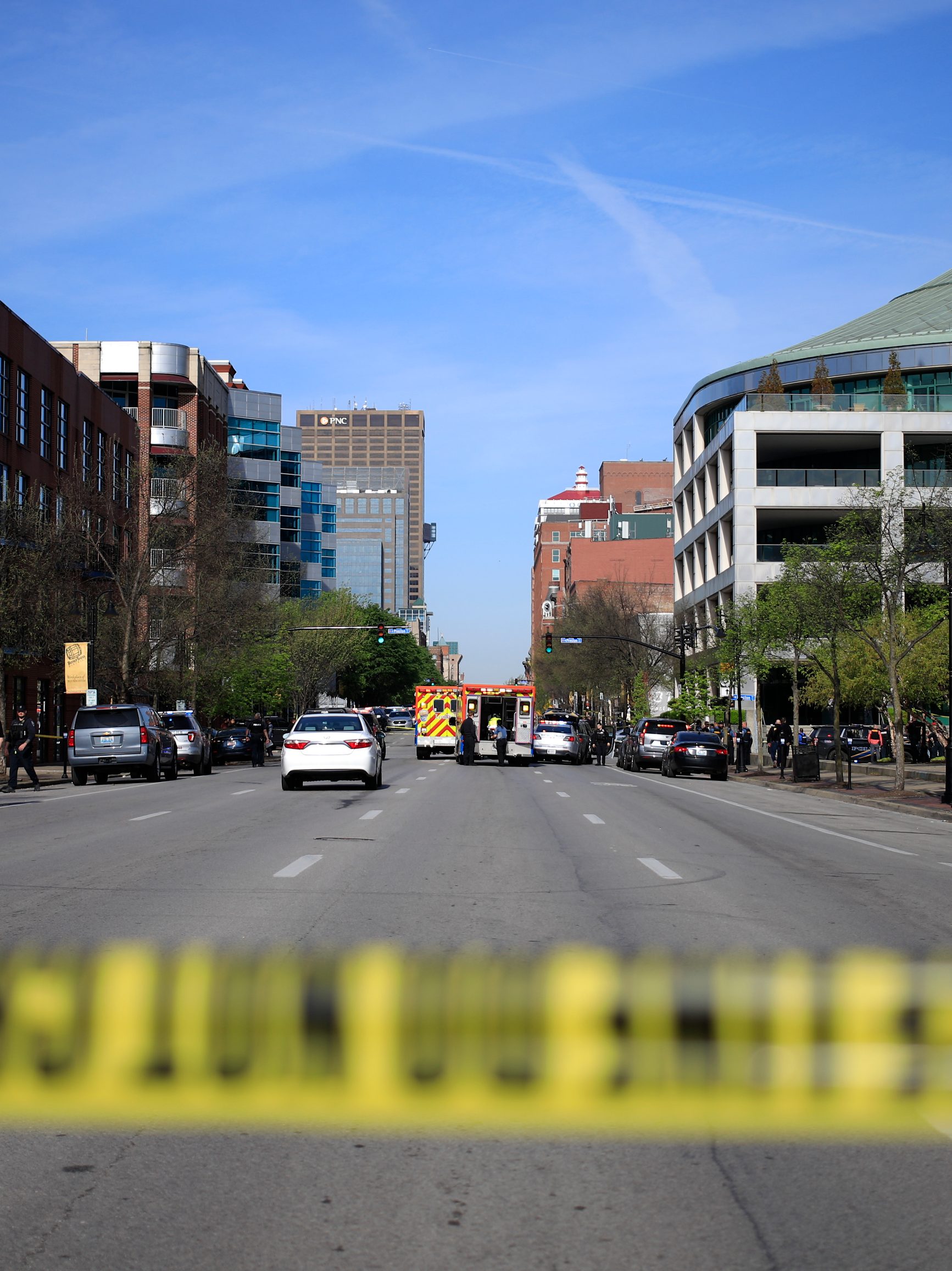 Crime scene tape cordons off a street as law enforcement officers respond to an active shooter near the Old National Bank building on April 10, 2023 in Louisville, Kentucky. According to initial reports, there are multiple casualties but the shooter is no longer a threat. (Photo by Luke Sharrett/Getty Images)