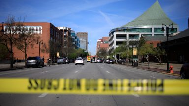 Crime scene tape cordons off a street as law enforcement officers respond to an active shooter near the Old National Bank building on April 10, 2023 in Louisville, Kentucky. According to initial reports, there are multiple casualties but the shooter is no longer a threat. (Photo by Luke Sharrett/Getty Images)