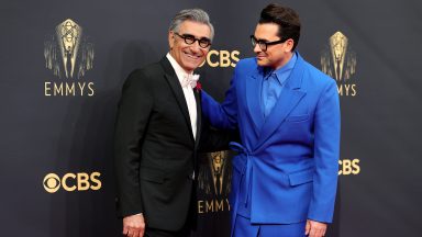  (L-R) Eugene Levy and Dan Levy attend the 73rd Primetime Emmy Awards at L.A. LIVE on September 19, 2021 in Los Angeles, California. (Photo by Rich Fury/Getty Images)