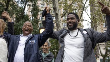  New York City mayoral candidate Eric Adams and Public Advocate Jumaane Williams attend a Democratic Party "Get Out the Vote" rally nine days before New York City elections on October 24, 2021 in the Upper West Side neighborhood of Manhattan, New York City. (Photo by Andrew Lichtenstein/Corbis via Getty Images)"