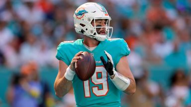  Skylar Thompson #19 of the Miami Dolphins looks to pass against the New York Jets during the first half of the game at Hard Rock Stadium on January 08, 2023 in Miami Gardens, Florida. (Photo by Megan Briggs/Getty Images)