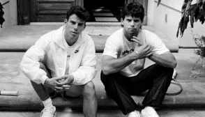 BEVERLY HILLS, CALIF. - NOV. 30, 1989 - Menendez brothers, Erik, left, and Lyle on the steps of their Beverly Hills home in November, 1989. (Ronald L. Soble / Los Angeles Times via Getty Images)