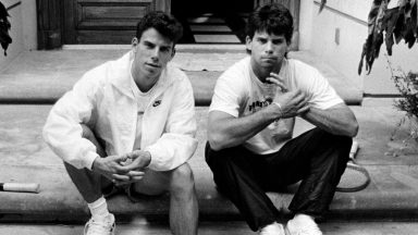 BEVERLY HILLS, CALIF. - NOV. 30, 1989 - Menendez brothers, Erik, left, and Lyle on the steps of their Beverly Hills home in November, 1989. (Ronald L. Soble / Los Angeles Times via Getty Images)