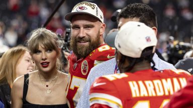  Travis Kelce #87 of the Kansas City Chiefs and Taylor Swift react as they see Mecole Hardman Jr. #12 of the Kansas City Chiefs following the NFL Super Bowl 58 football game between the San Francisco 49ers and the Kansas City Chiefs at Allegiant Stadium on February 11, 2024 in Las Vegas, Nevada. (Photo by Michael Owens/Getty Images)