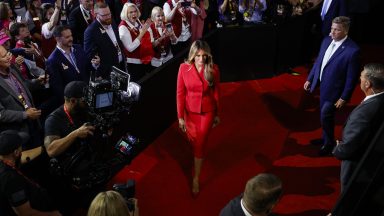  Former first lady Melania Trump arrives on the fourth day of the Republican National Convention at the Fiserv Forum on July 18, 2024 in Milwaukee, Wisconsin. Delegates, politicians, and the Republican faithful are in Milwaukee for the annual convention, concluding with former President Donald Trump accepting his party's presidential nomination. The RNC takes place from July 15-18. (Photo by Anna Moneymaker/Getty Images)