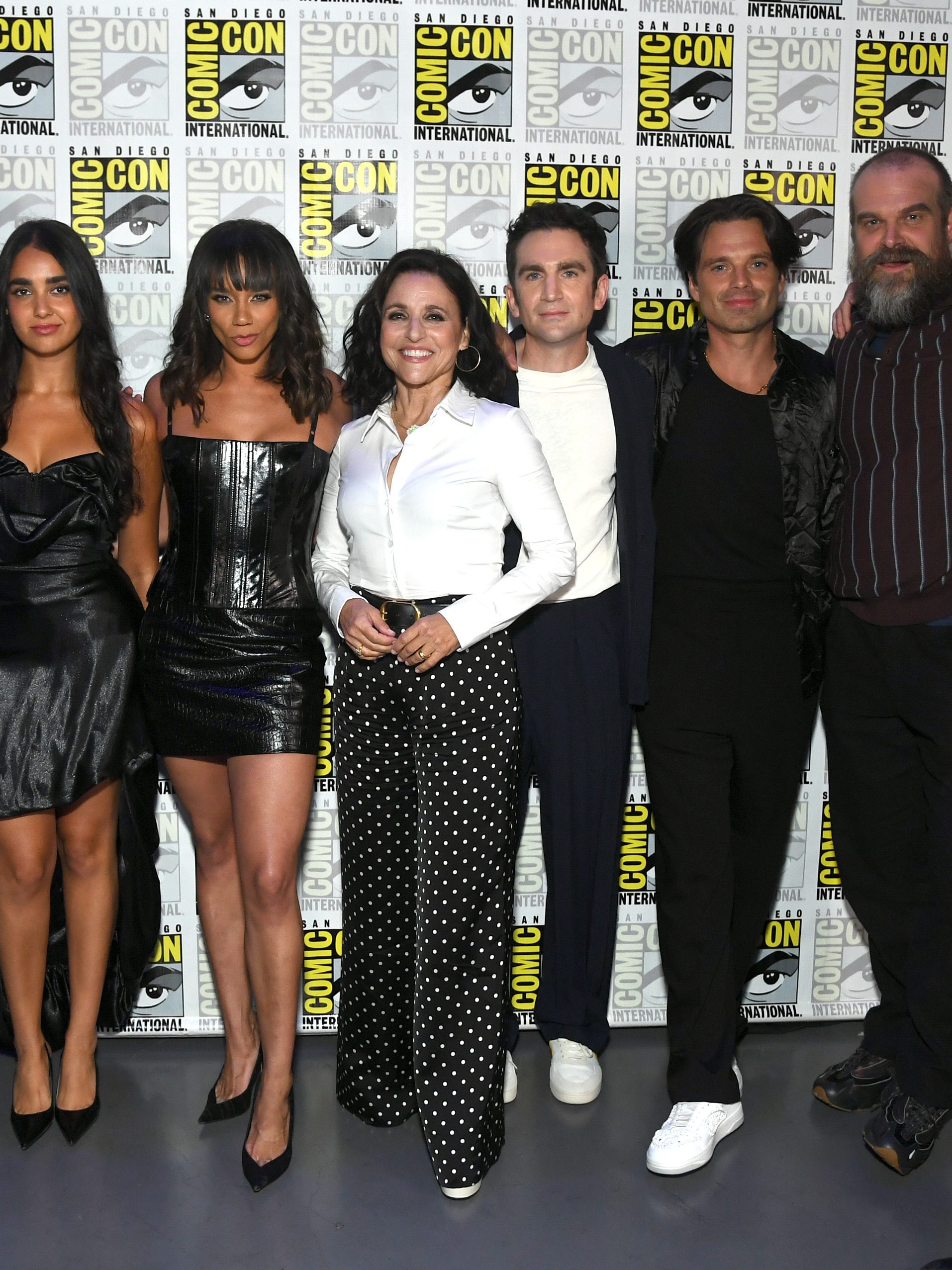 SAN DIEGO, CALIFORNIA - JULY 27: (L-R) Florence Pugh, Lewis Pullman, Geraldine Viswanathan, Hannah John-Kamen, Julia Louis-Dreyfus, Jake Schreier, Sebastian Stan, David Harbour and Wyatt Russell attend the Marvel Studios Panel in Hall H at SDCC in San Diego, California on July 27, 2024. (Photo by Alberto E. Rodriguez/Getty Images for Disney)