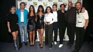  (L-R) Florence Pugh, Lewis Pullman, Geraldine Viswanathan, Hannah John-Kamen, Julia Louis-Dreyfus, Jake Schreier, Sebastian Stan, David Harbour and Wyatt Russell attend the Marvel Studios Panel in Hall H at SDCC in San Diego, California on July 27, 2024. (Photo by Alberto E. Rodriguez/Getty Images for Disney)