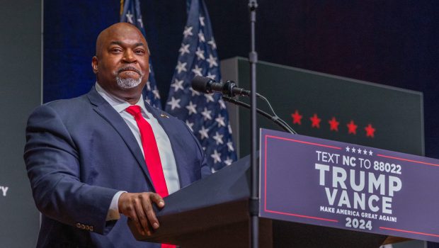 ASHEVILLE, NORTH CAROLINA - AUGUST 14: Mark Robinson, Lieutenant Governor of North Carolina and candidate for Governor, delivers remarks prior to Republican presidential nominee former President Donald Trump speaking at a campaign event at Harrah's Cherokee Center on August 14, 2024 in Asheville, North Carolina. Trump will speak on the economy as Vice President Kamala Harris surges in the polls in swing states. (Photo by Grant Baldwin/Getty Images)