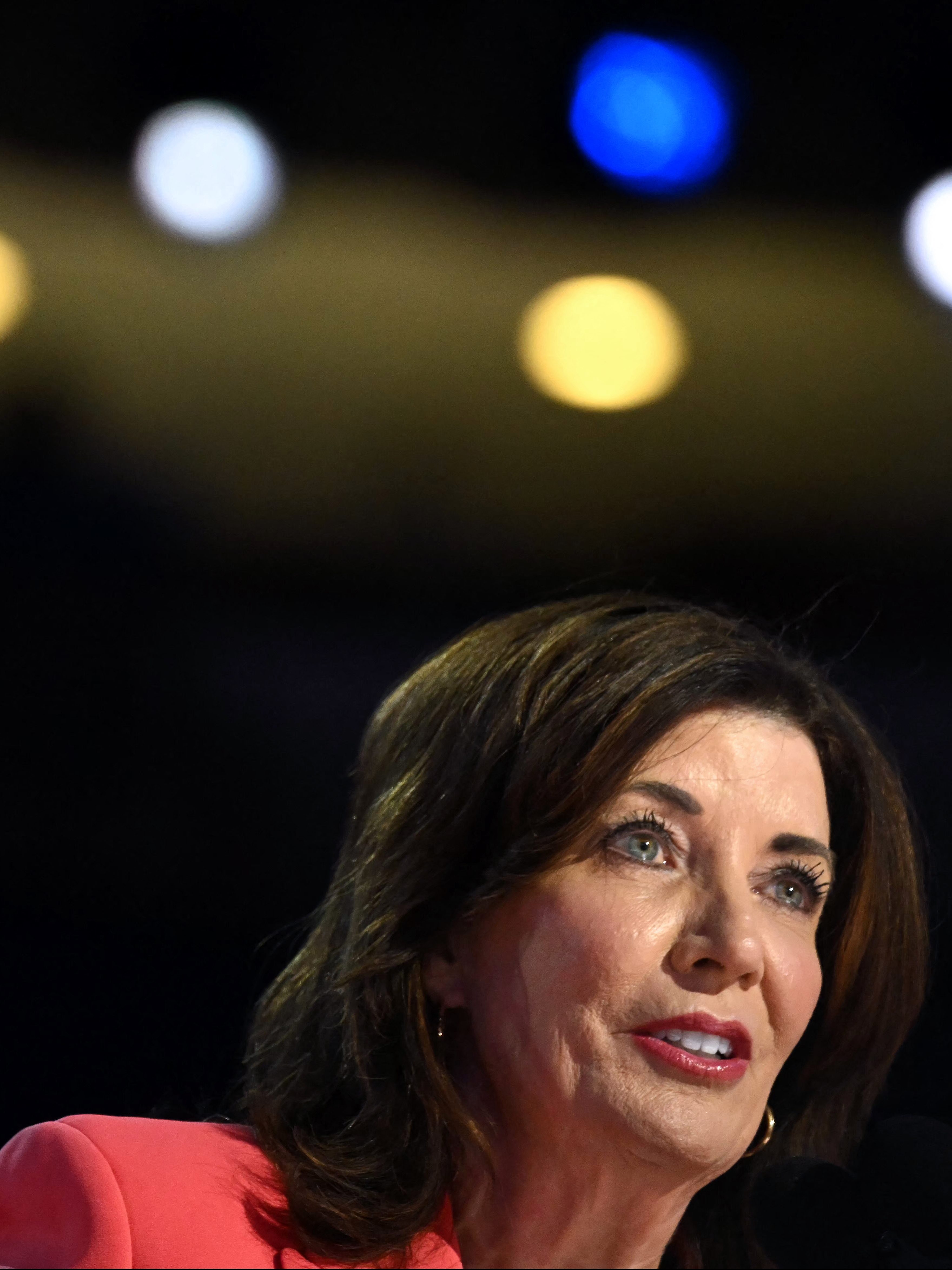 New York Governor Kathy Hochul speaks on the first day of the Democratic National Convention (DNC) at the United Center in Chicago, Illinois, on August 19, 2024. Vice President Kamala Harris will formally accept the party's nomination for president at the DNC which runs from August 19-22 in Chicago. (Photo by ANDREW CABALLERO-REYNOLDS / AFP) (Photo by ANDREW CABALLERO-REYNOLDS/AFP via Getty Images)