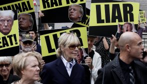 E. Jean Carroll (C) departs Manhattan federal appeals court following arguments in a judgement appeal brought by former US President Donald Trump, in New York City, September 6, 2024. Former US President Donald Trump was ordered on January 26, 2024 by a New York jury to pay $83 million in damages to Carroll, whom he publicly insulted and called a liar for alleging that he sexually assaulted her. The jury reached its decision after slightly less than three hours of deliberations. Trump made multiple comments about Carroll while he was president, demeaning her in the wake of her allegation of a 1990s assault. (Photo by Leonardo Munoz / AFP) (Photo by LEONARDO MUNOZ/AFP via Getty Images)