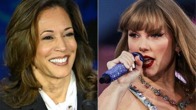 (COMBO) This combination of pictures created on September 10, 2024 shows&#xA;US Vice President and Democratic presidential candidate Kamala Harris smiles during a presidential debate with former US President and Republican presidential candidate Donald Trump at the National Constitution Center in Philadelphia, Pennsylvania, on September 10, 2024. &#xA;&#xA;American singer and songwriter Taylor Swift performs on stage as part of her Eras Tour in Lisbon on May 24, 2024.. Taylor Swift, a self-declared "childless cat lady," has endorsed Kamala Harris for president of the United States. The global megastar broke her silence on the current state of US politics September 10, 2024, voicing support for Harris over Donald Trump for the White House, and calling the Democratic candidate a "steady-handed, gifted leader." (Photo by SAUL LOEB and ANDRE DIAS NOBRE / AFP) (Photo by SAUL LOEBANDRE DIAS NOBRE/AFP via Getty Images)