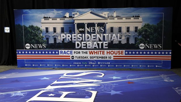 PHILADELPHIA, PENNSYLVANIA - SEPTEMBER 09: Final preparations are made in the spin room prior to the ABC News Presidential Debate on September 09, 2024 at the Convention Center in Philadelphia, Pennsylvania. Democratic presidential nominee, U.S. Vice President Kamala Harris and Republican presidential nominee former President Donald Trump will face off in their first debate tomorrow evening at the Constitution Center. (Photo by Kevin Dietsch/Getty Images)