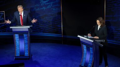  Republican presidential nominee, former U.S. President Donald Trump and Democratic presidential nominee, U.S. Vice President Kamala Harris debate for the first time during the presidential election campaign at The National Constitution Center on September 10, 2024 in Philadelphia, Pennsylvania. After earning the Democratic Party nomination following President Joe Biden's decision to leave the race, Harris faced off with Trump in what may be the only debate of the 2024 race for the White House. (Photo by Win McNamee/Getty Images)