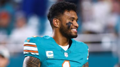 MIAMI GARDENS, FLORIDA - SEPTEMBER 12: Tua Tagovailoa #1 of the Miami Dolphins looks on prior to a game against the Buffalo Bills at Hard Rock Stadium on September 12, 2024 in Miami Gardens, Florida. (Photo by Megan Briggs/Getty Images)