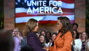US Vice President and Democratic presidential candidate Kamala Harris (L) joins US television producer Oprah Winfrey at a 'Unite for America' live streaming rally in Farmington Hills, Michigan, on September 19, 2024. (Photo by SAUL LOEB / AFP) (Photo by SAUL LOEB/AFP via Getty Images)