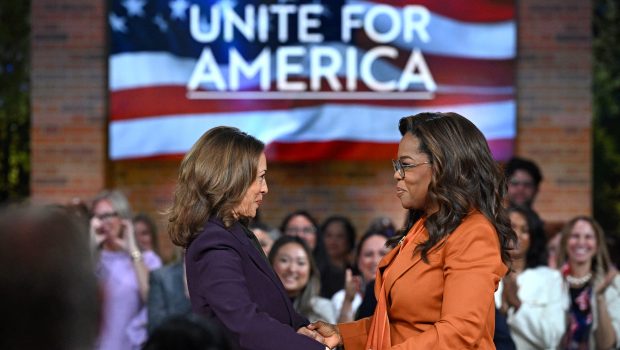 US Vice President and Democratic presidential candidate Kamala Harris (L) joins US television producer Oprah Winfrey at a 'Unite for America' live streaming rally in Farmington Hills, Michigan, on September 19, 2024. (Photo by SAUL LOEB / AFP) (Photo by SAUL LOEB/AFP via Getty Images)